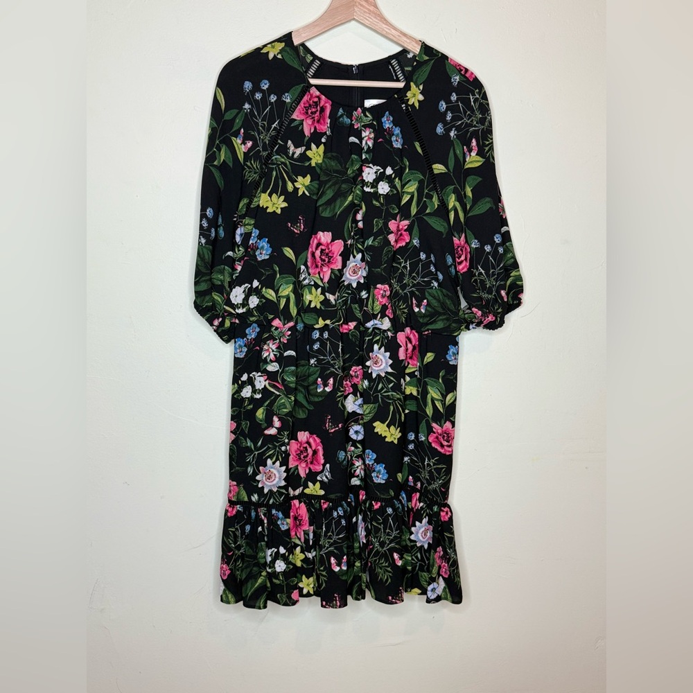 Eliza J Floral Long Sleeve Dress – Size 14 – Black Multi, All-Season